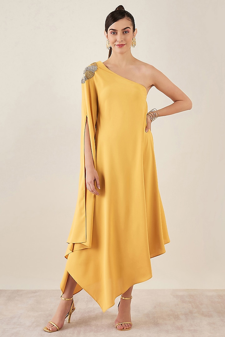 Mustard Polyester Crepe Crystal Hand Embellished One-Shoulder Asymmetric Dress by First Resort by Ramola Bachchan