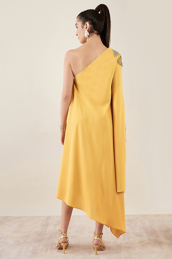 Mustard Polyester Crepe Crystal Hand Embellished One-Shoulder Asymmetric Summer Dress by First Resort by Ramola Bachchan at Pernia's Pop Up Shop