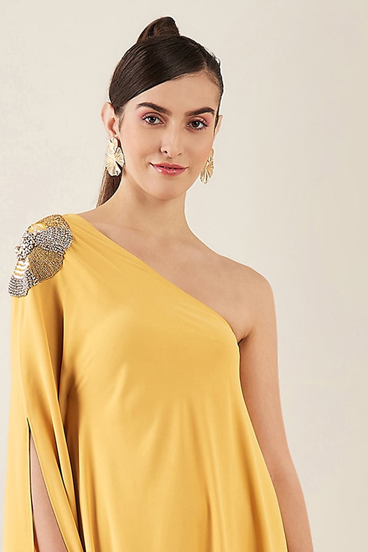 Mustard Polyester Crepe Crystal Hand Embellished One-Shoulder Asymmetric Summer Dress by First Resort by Ramola Bachchan at Pernia's Pop Up Shop