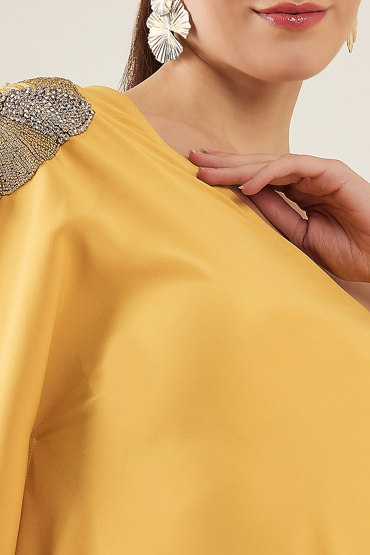Mustard Polyester Crepe Crystal Hand Embellished One-Shoulder Asymmetric Summer Dress by First Resort by Ramola Bachchan at Pernia's Pop Up Shop