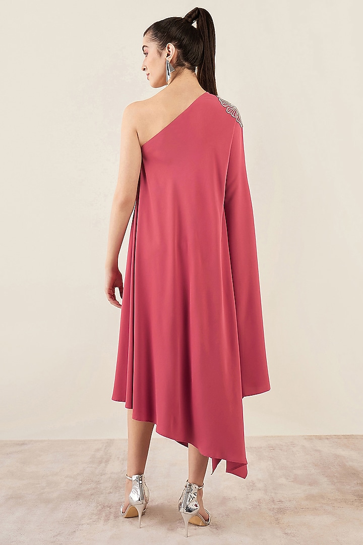 Red Polyester Crepe Crystal Hand Embellished One-Shoulder Asymmetric Summer Dress by First Resort by Ramola Bachchan at Pernia's Pop Up Shop