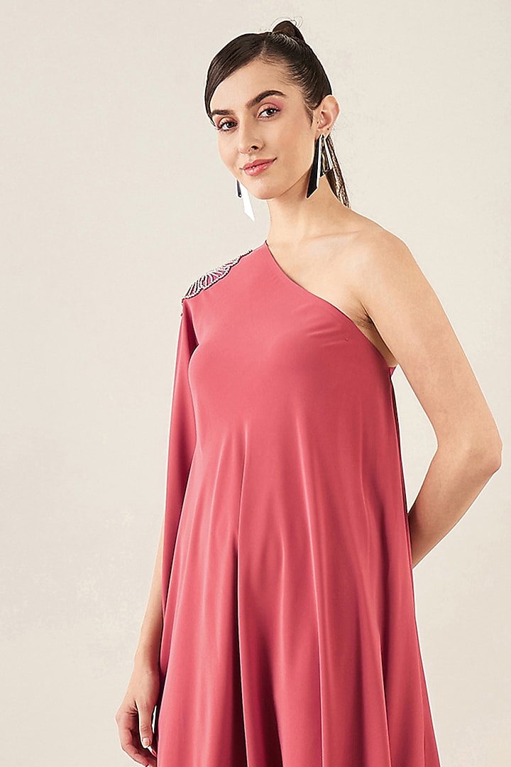 Red Polyester Crepe Crystal Hand Embellished One-Shoulder Asymmetric Summer Dress by First Resort by Ramola Bachchan at Pernia's Pop Up Shop