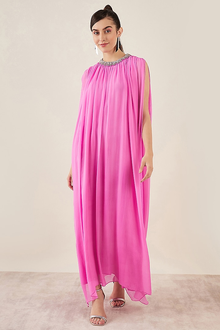 Pink Silk Crystal Hand Embellished Gathered Maxi Dress by First Resort by Ramola Bachchan