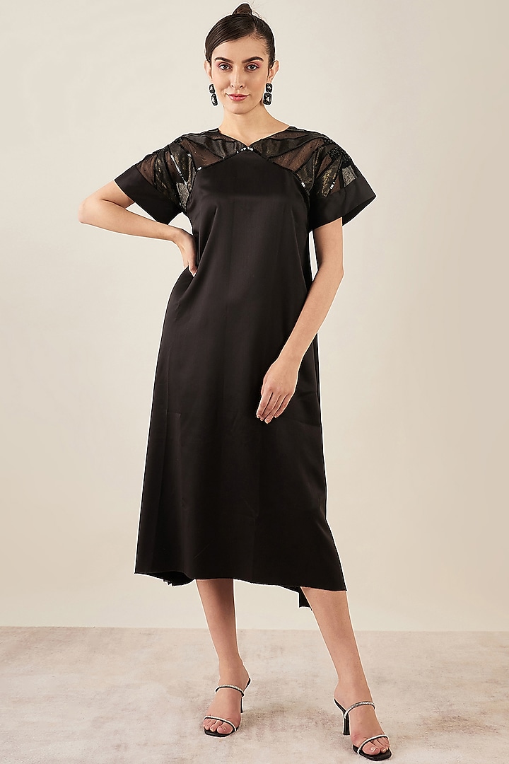 Black Satin Sequins Embellished Midi Dress by First Resort by Ramola Bachchan