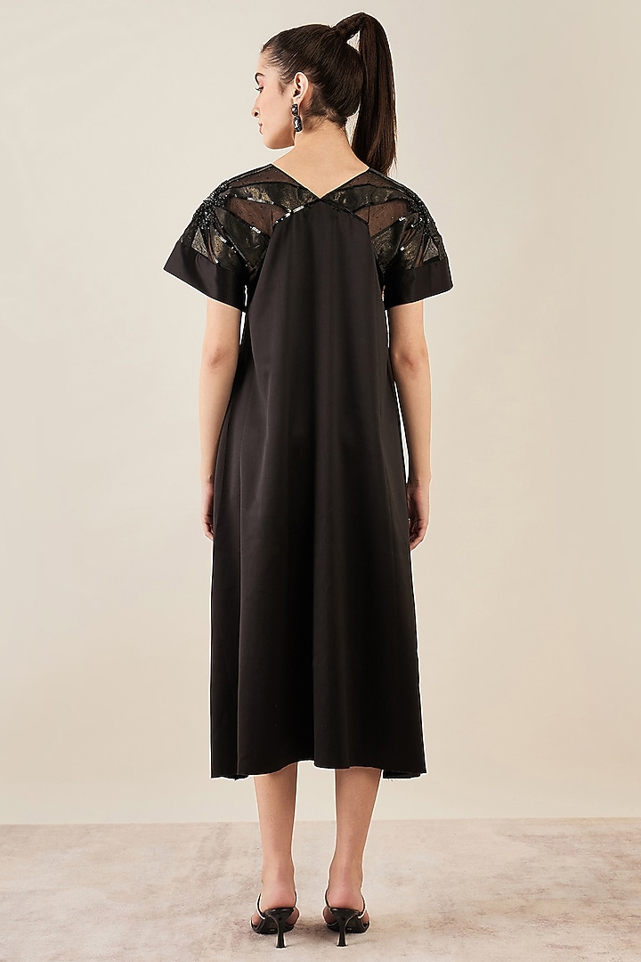 Black Satin Sequins Embellished Midi Summer Dress by First Resort by Ramola Bachchan at Pernia's Pop Up Shop