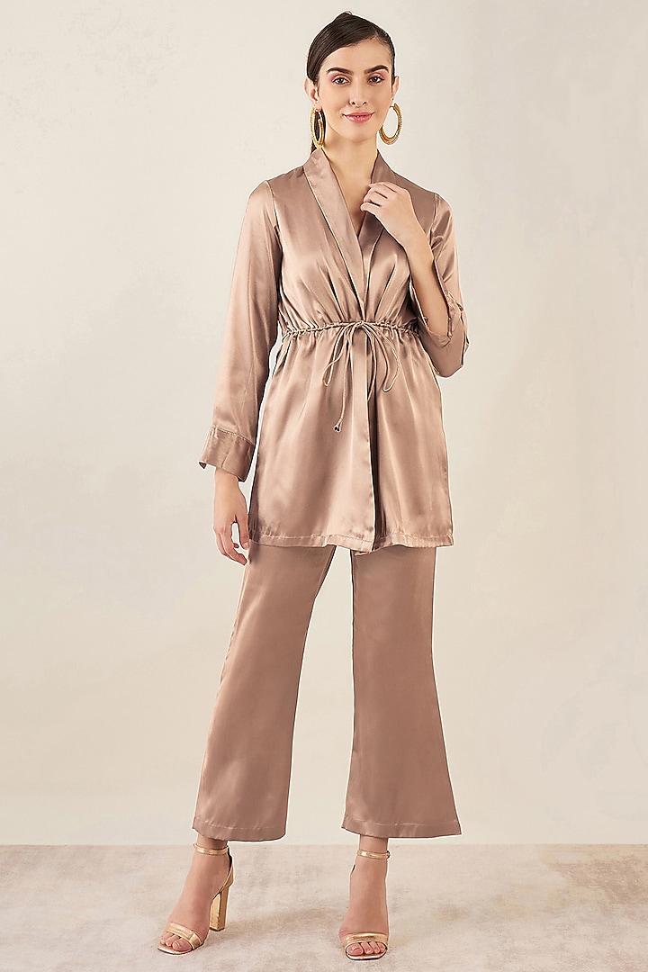 Hazel Brown Satin Crystal Embellished Semi-Formal Tunic Set by First Resort by Ramola Bachchan at Pernia's Pop Up Shop
