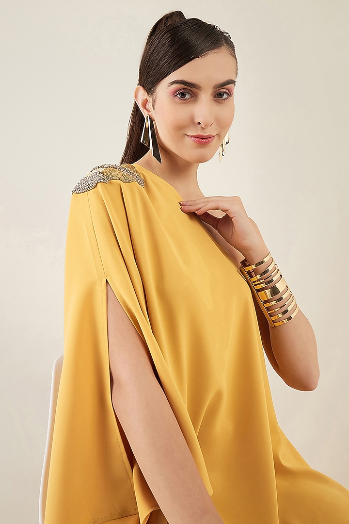 Mustard Polyester Crepe Crystal Hand Embellished One-Shoulder Asymmetric Co-Ord Set by First Resort by Ramola Bachchan at Pernia's Pop Up Shop