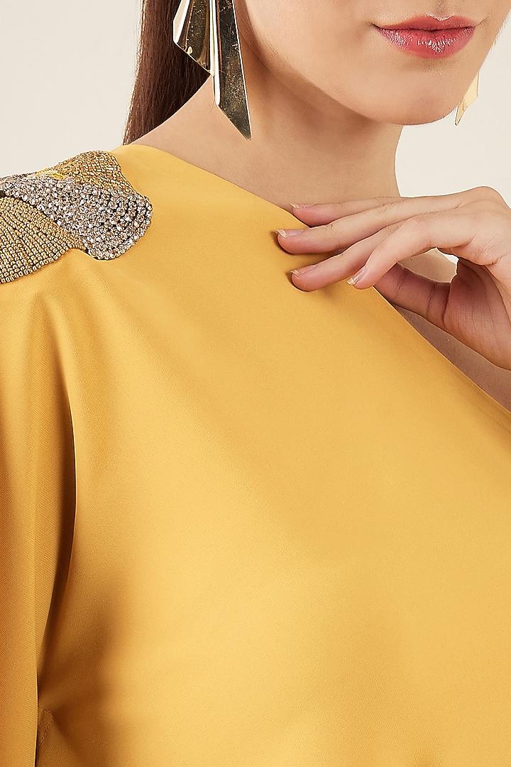 Mustard Polyester Crepe Crystal Hand Embellished One-Shoulder Asymmetric Co-Ord Set by First Resort by Ramola Bachchan at Pernia's Pop Up Shop