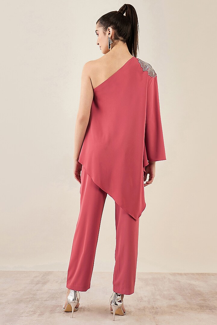 Red Polyester Crepe Crystal Hand Embellished One-Shoulder Asymmetric Co-Ord Set by First Resort by Ramola Bachchan at Pernia's Pop Up Shop