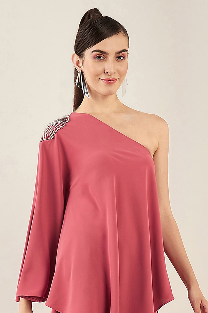 Red Polyester Crepe Crystal Hand Embellished One-Shoulder Asymmetric Co-Ord Set by First Resort by Ramola Bachchan at Pernia's Pop Up Shop