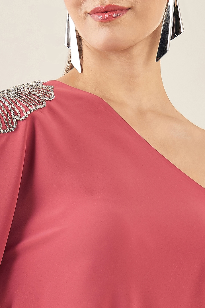Red Polyester Crepe Crystal Hand Embellished One-Shoulder Asymmetric Co-Ord Set by First Resort by Ramola Bachchan at Pernia's Pop Up Shop