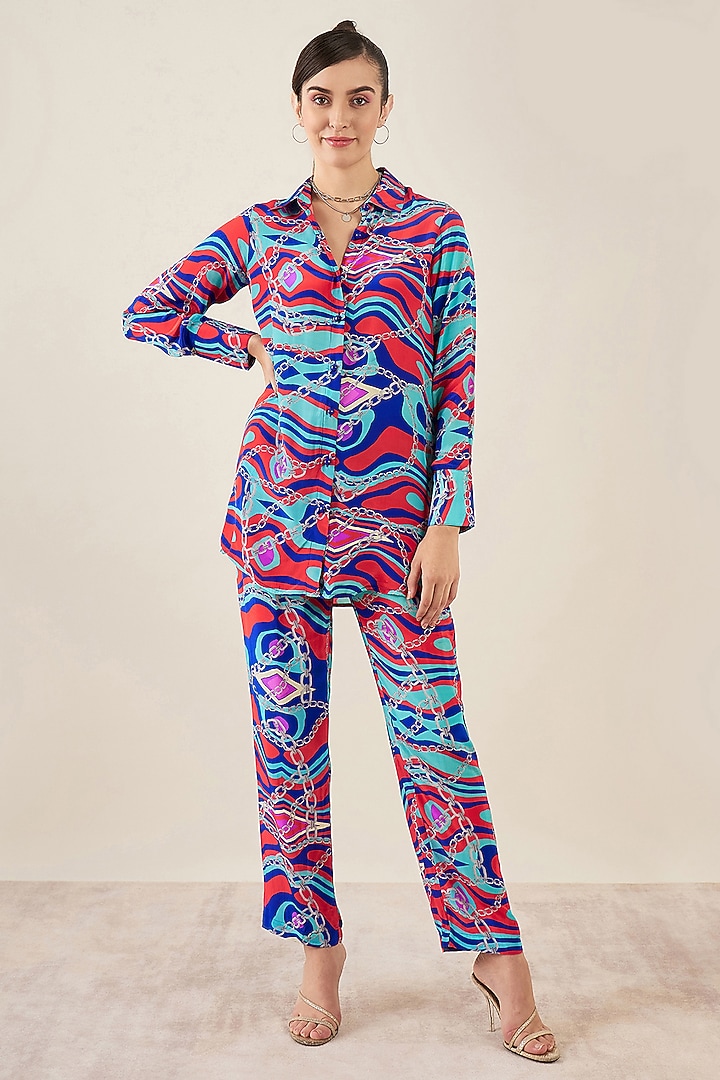 Blue & Red Viscose Crepe Marine Wave Printed Co-Ord Set by First Resort by Ramola Bachchan at Pernia's Pop Up Shop