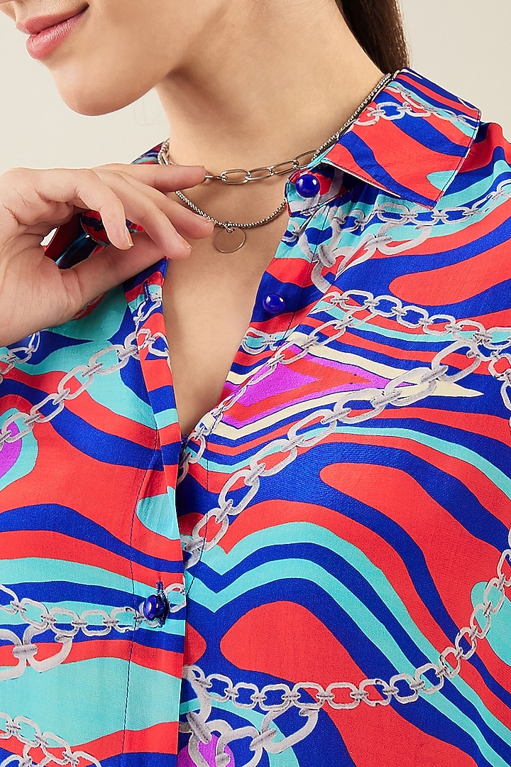 Blue & Red Viscose Crepe Marine Wave Printed Co-Ord Set by First Resort by Ramola Bachchan at Pernia's Pop Up Shop