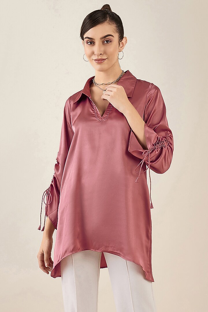 Old Rose Satin Crystal Embellished Gathered Tunic by First Resort by Ramola Bachchan at Pernia's Pop Up Shop