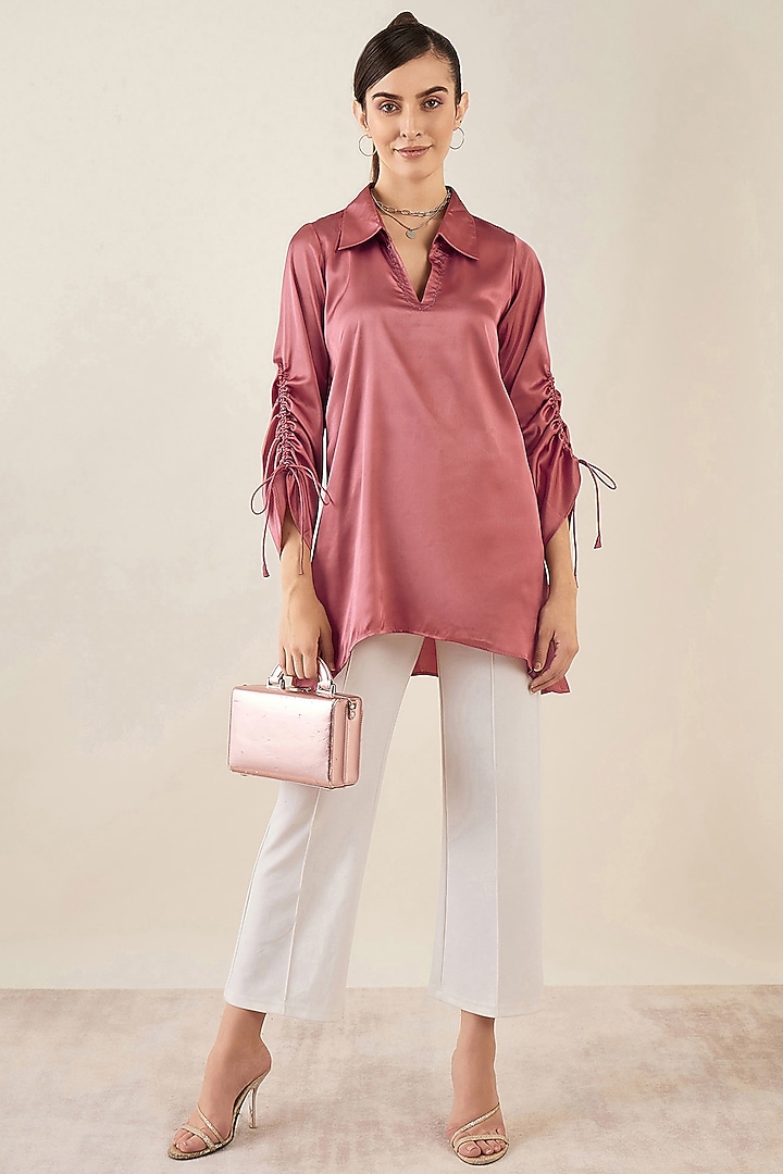 Old Rose Satin Crystal Embellished Gathered Tunic by First Resort by Ramola Bachchan at Pernia's Pop Up Shop