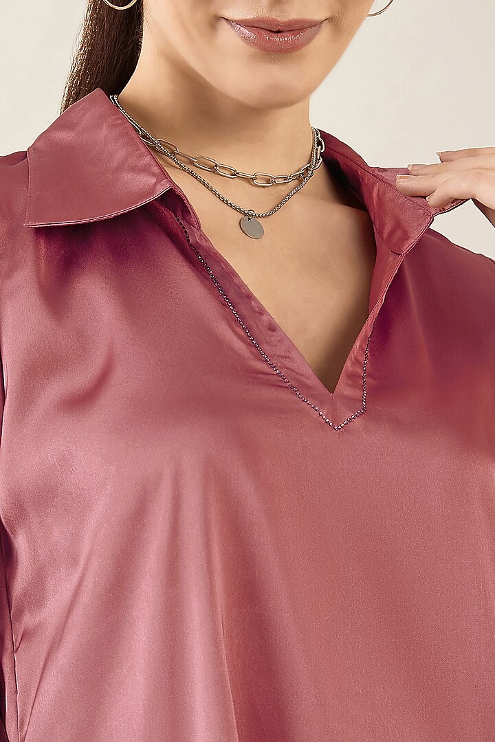 Old Rose Satin Crystal Embellished Gathered Tunic by First Resort by Ramola Bachchan at Pernia's Pop Up Shop