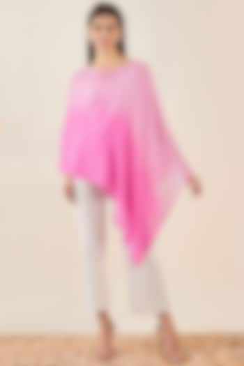 Candy Pink Ombre Cashmere Crystal Embellished Asymmetric Poncho Top by First Resort by Ramola Bachchan