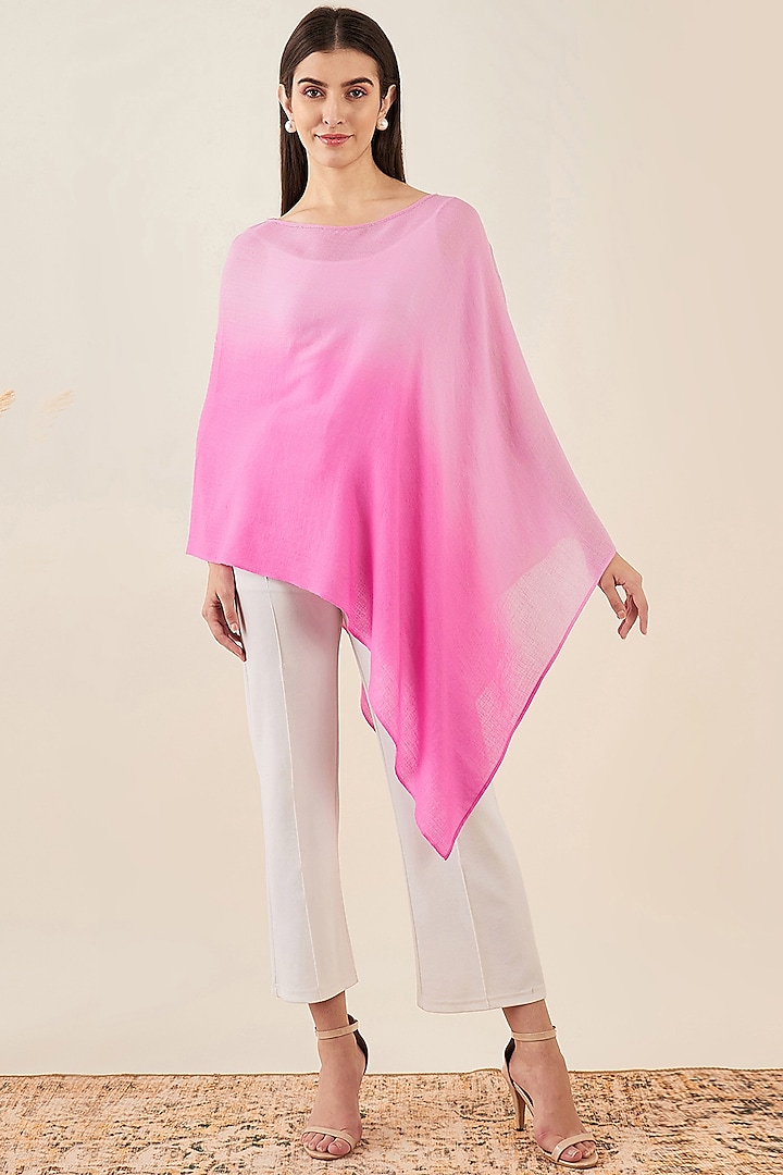 Candy Pink Ombre Cashmere Crystal Embellished Asymmetric Poncho Top by First Resort by Ramola Bachchan