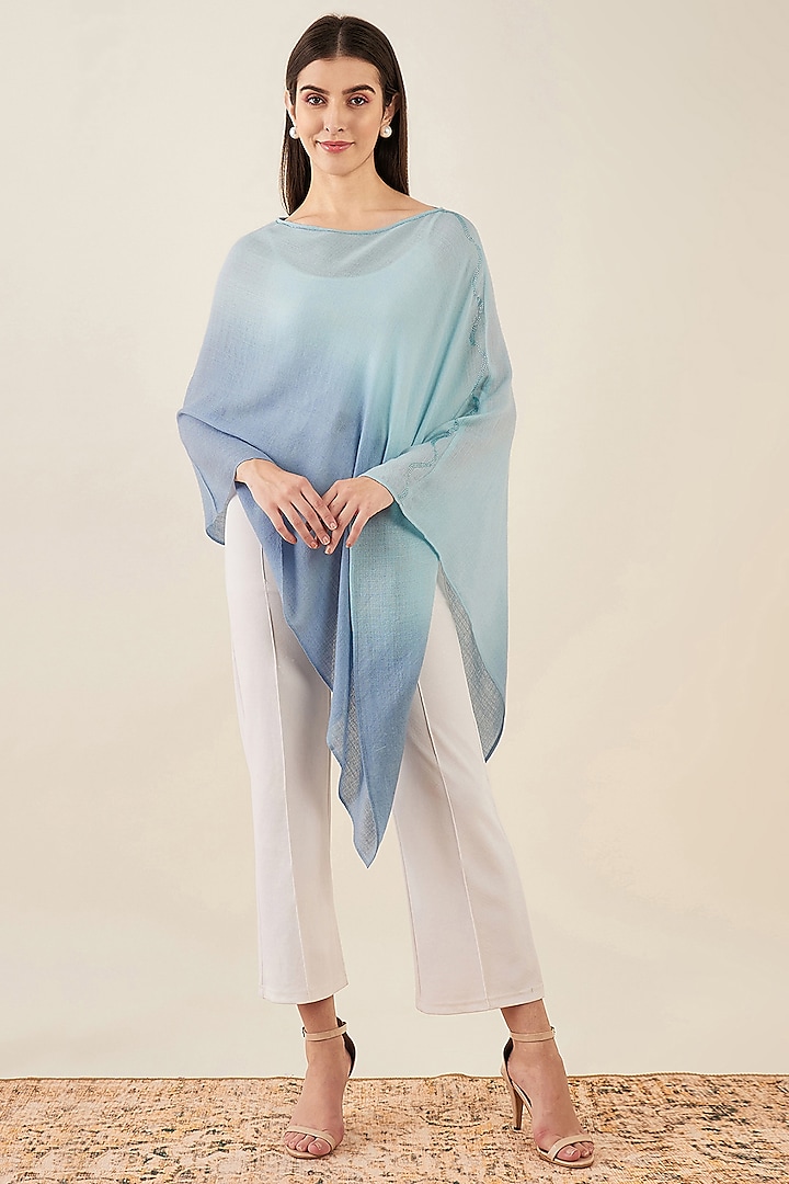 Sky Blue Ombre Cashmere Crystal Embellishment Asymmetrical Poncho Top by First Resort by Ramola Bachchan