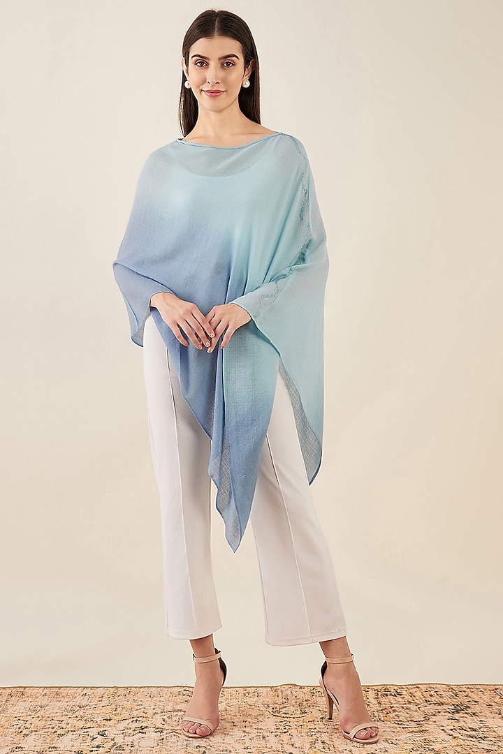 Sky Blue Ombre Cashmere Crystal Embellishment Asymmetrical Poncho Top by First Resort by Ramola Bachchan at Pernia's Pop Up Shop