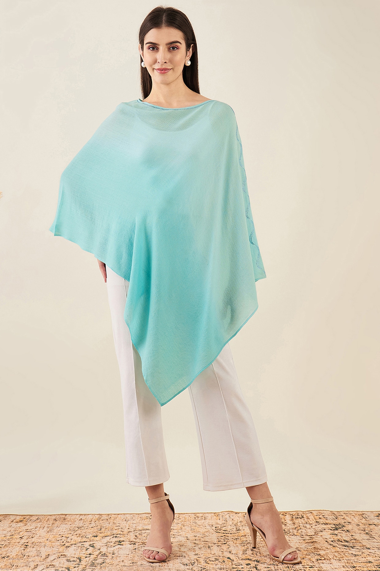 Mint Green Ombre Cashmere Crystal Embellishment Asymmetrical Poncho Top by First Resort by Ramola Bachchan at Pernia s Pop Up Shop 2024