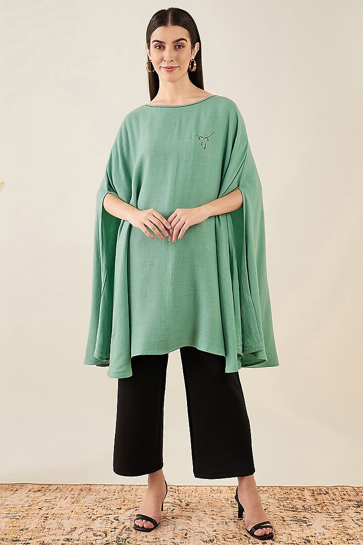 Sea Green Cashmere Motif Embellished Long Poncho Top by First Resort by Ramola Bachchan