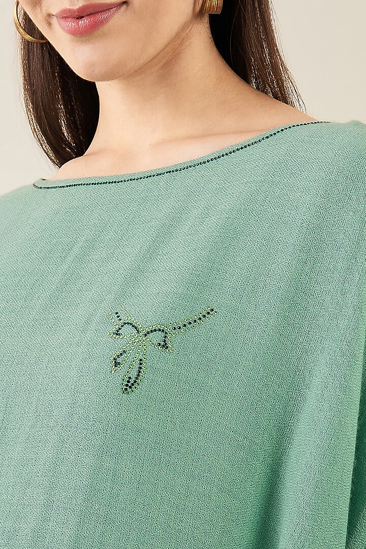 Sea Green Cashmere Motif Embellished Long Poncho Top by First Resort by Ramola Bachchan at Pernia's Pop Up Shop