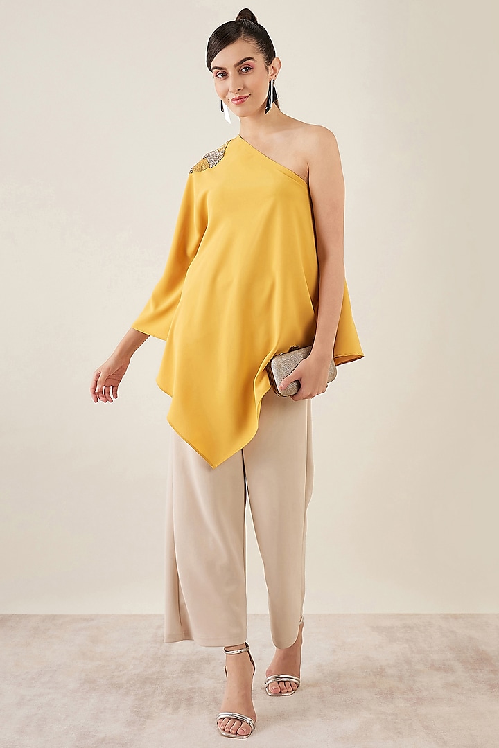 Mustard Polyester Crepe Crystal Embroidered One Shoulder Asymmetrical Top by First Resort by Ramola Bachchan
