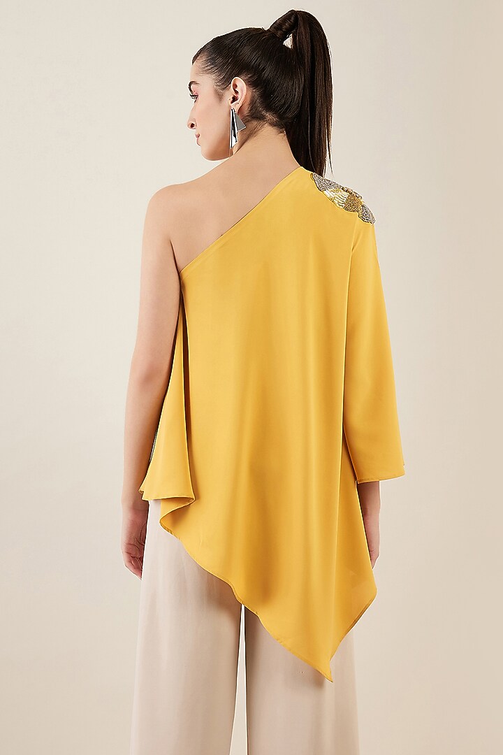 Mustard Polyester Crepe Crystal Embroidered One Shoulder Asymmetrical Top by First Resort by Ramola Bachchan at Pernia's Pop Up Shop