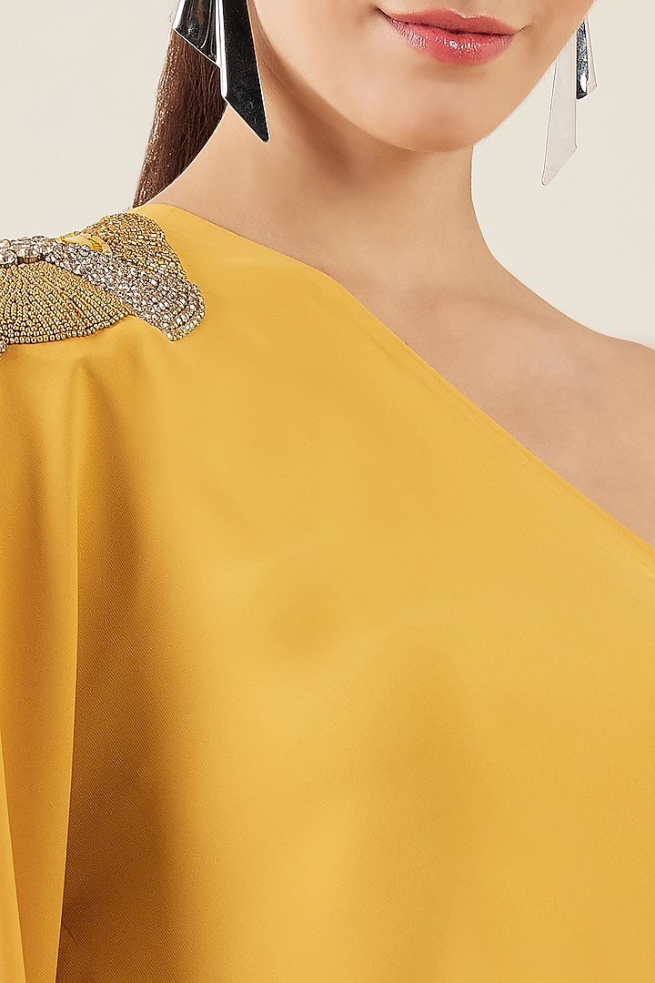 Mustard Polyester Crepe Crystal Embroidered One Shoulder Asymmetrical Top by First Resort by Ramola Bachchan at Pernia's Pop Up Shop