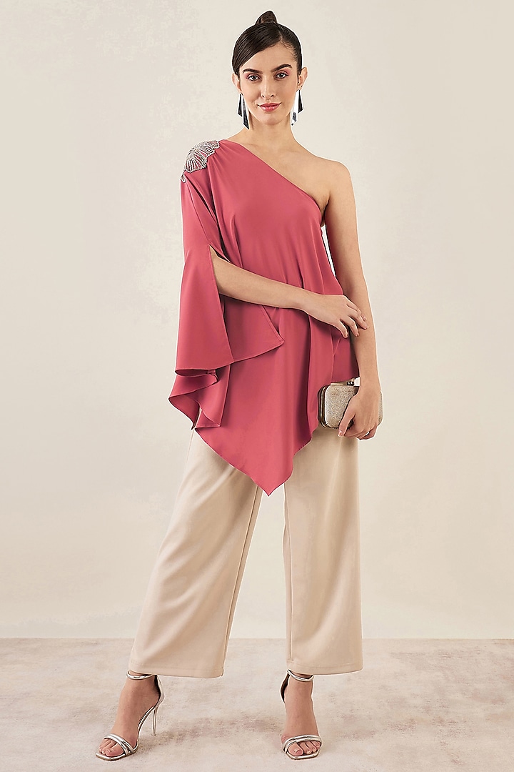 Rouge Red Polyester Crepe Crystal Embroidered One Shoulder Asymmetrical Top by First Resort by Ramola Bachchan