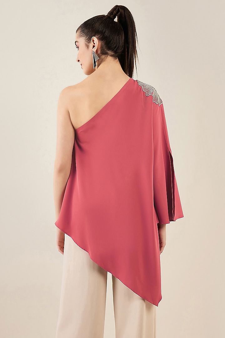 Rouge Red Polyester Crepe Crystal Embroidered One Shoulder Asymmetrical Top by First Resort by Ramola Bachchan at Pernia's Pop Up Shop