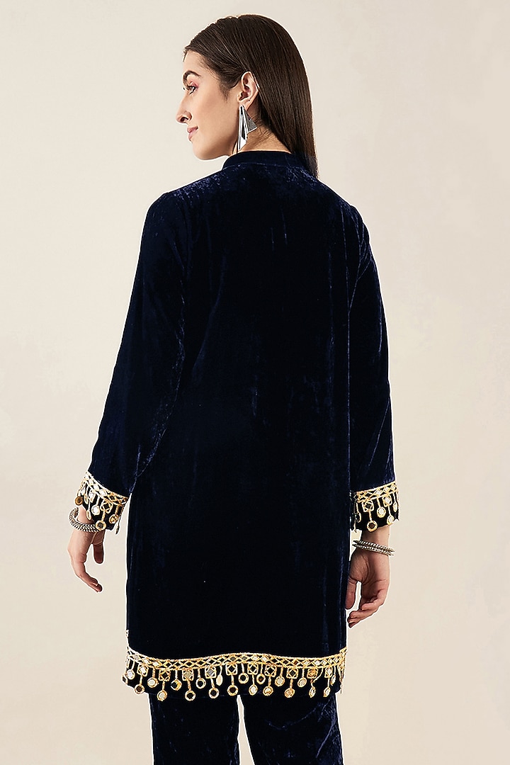 Cobalt Blue Silk Velvet Mirror Lace Kurta by First Resort by Ramola Bachchan at Pernia's Pop Up Shop
