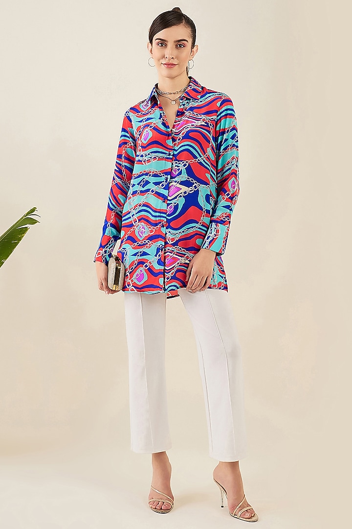 Blue & Red Viscose Crepe Marine Wave Digital Printed Shirt by First Resort by Ramola Bachchan at Pernia's Pop Up Shop