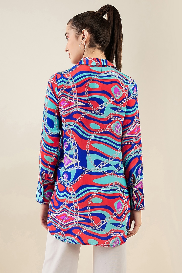 Blue & Red Viscose Crepe Marine Wave Digital Printed Shirt by First Resort by Ramola Bachchan at Pernia's Pop Up Shop