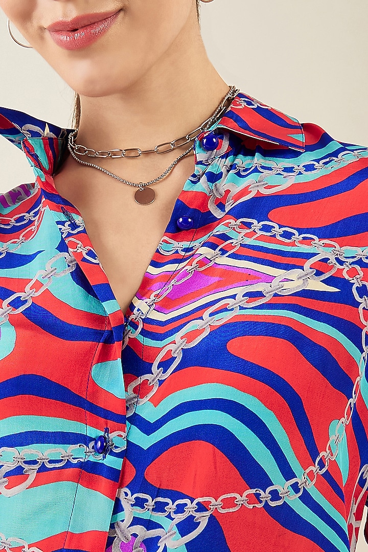Blue & Red Viscose Crepe Marine Wave Digital Printed Shirt by First Resort by Ramola Bachchan at Pernia's Pop Up Shop