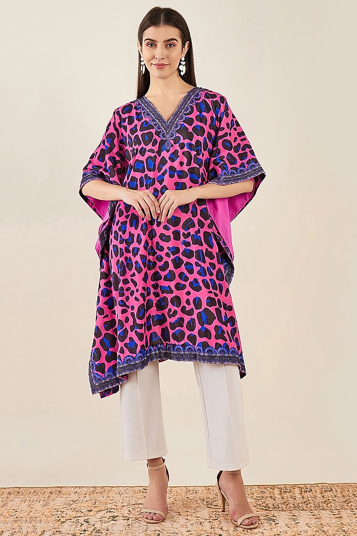Pink & Blue Silk Velvet Animal Printed & Crystal Embellished Kaftan by First Resort by Ramola Bachchan at Pernia's Pop Up Shop