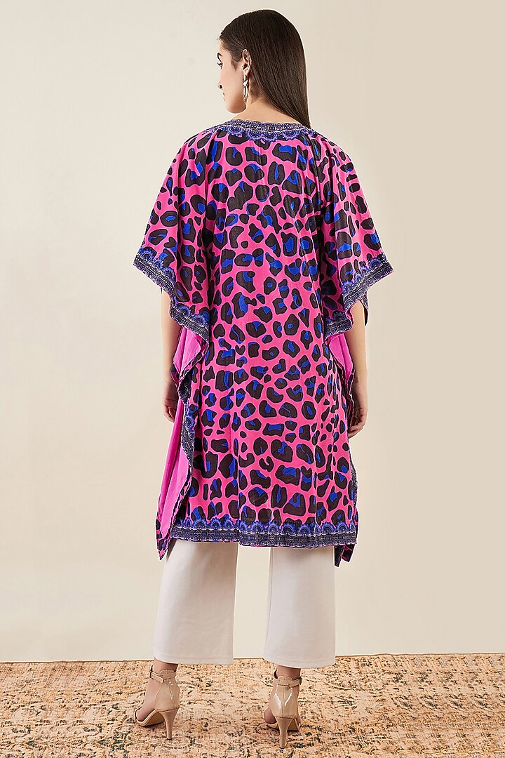 Pink & Blue Silk Velvet Animal Printed & Crystal Embellished Kaftan by First Resort by Ramola Bachchan at Pernia's Pop Up Shop