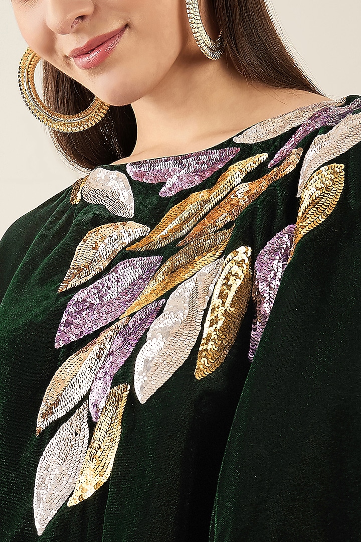 Emerald Green Micro Velvet Sequins Hand Embroidered Poncho Top by First Resort by Ramola Bachchan at Pernia's Pop Up Shop