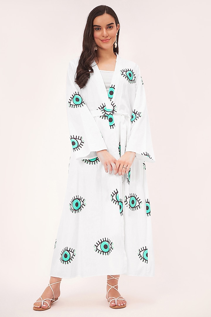 White Cotton Poplin Evil Eye Printed & Bead Embroidered Long Cover-Up by First Resort by Ramola Bachchan