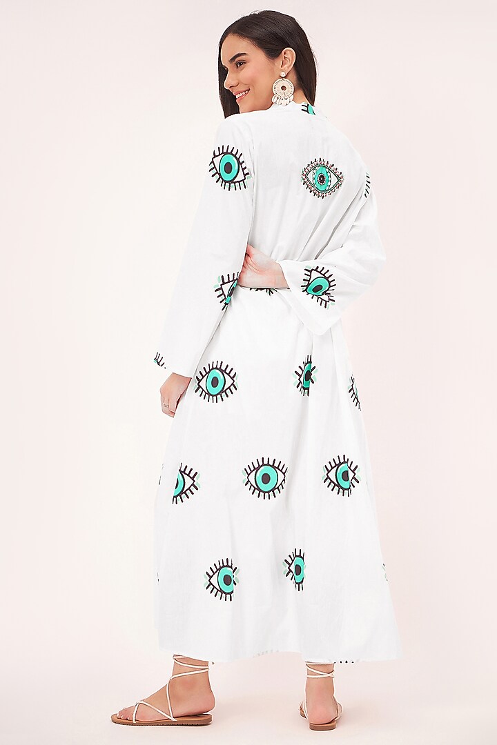 White Cotton Poplin Evil Eye Printed & Bead Embroidered Long Cover-Up by First Resort by Ramola Bachchan at Pernia's Pop Up Shop