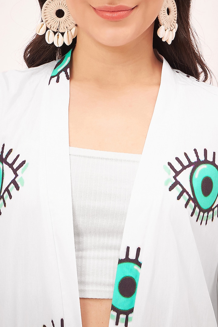 White Cotton Poplin Evil Eye Printed & Bead Embroidered Long Cover-Up by First Resort by Ramola Bachchan at Pernia's Pop Up Shop