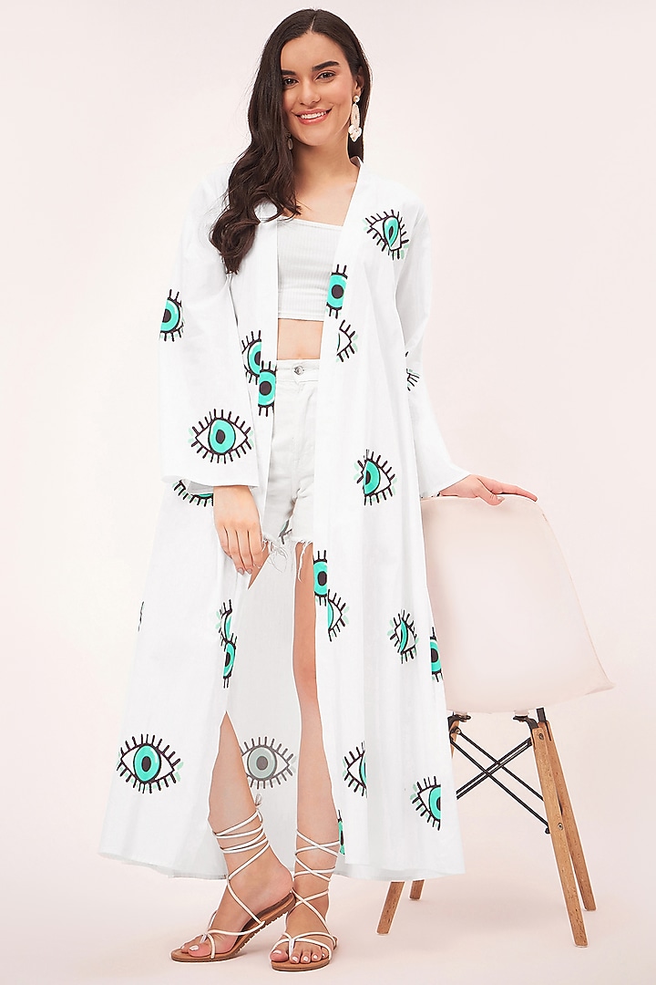 White Cotton Poplin Evil Eye Printed & Bead Embroidered Long Cover-Up by First Resort by Ramola Bachchan at Pernia's Pop Up Shop