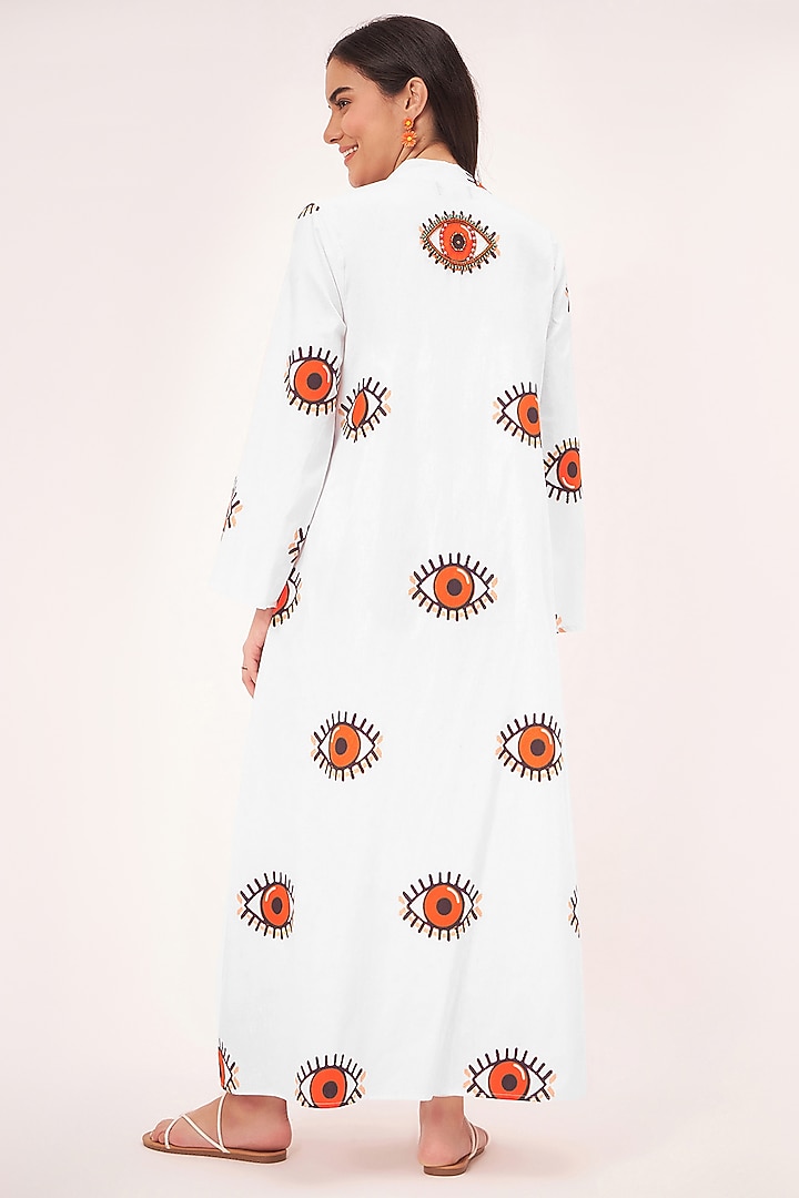White Cotton Poplin Evil Eye Printed & Bead Embroidered Long Cover-Up by First Resort by Ramola Bachchan at Pernia's Pop Up Shop