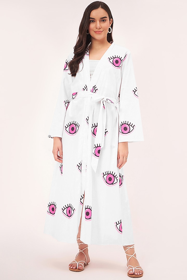 White Cotton Poplin Evil Eye Printed & Bead Embroidered Long Cover-Up by First Resort by Ramola Bachchan