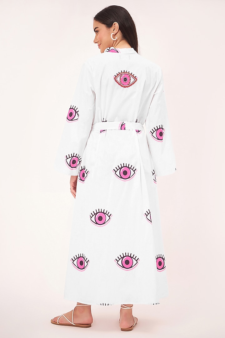 White Cotton Poplin Evil Eye Printed & Bead Embroidered Long Cover-Up by First Resort by Ramola Bachchan at Pernia's Pop Up Shop