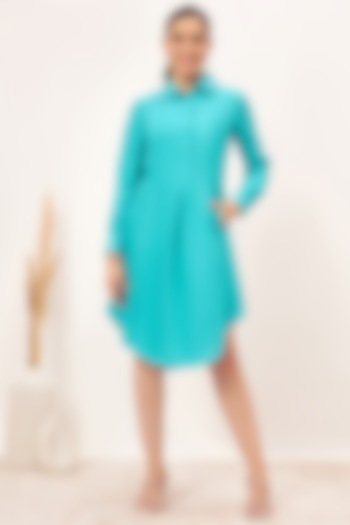 Teal Blue Habutai Silk Shirt Dress by First Resort by Ramola Bachchan