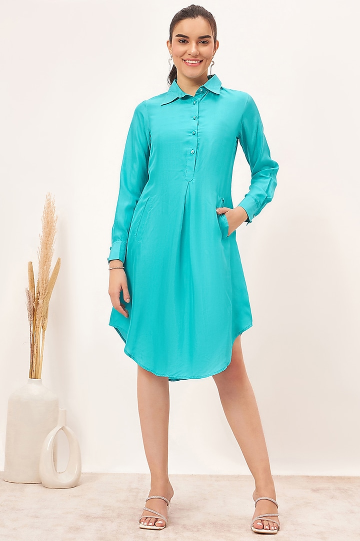 Teal Blue Habutai Silk Shirt Dress by First Resort by Ramola Bachchan