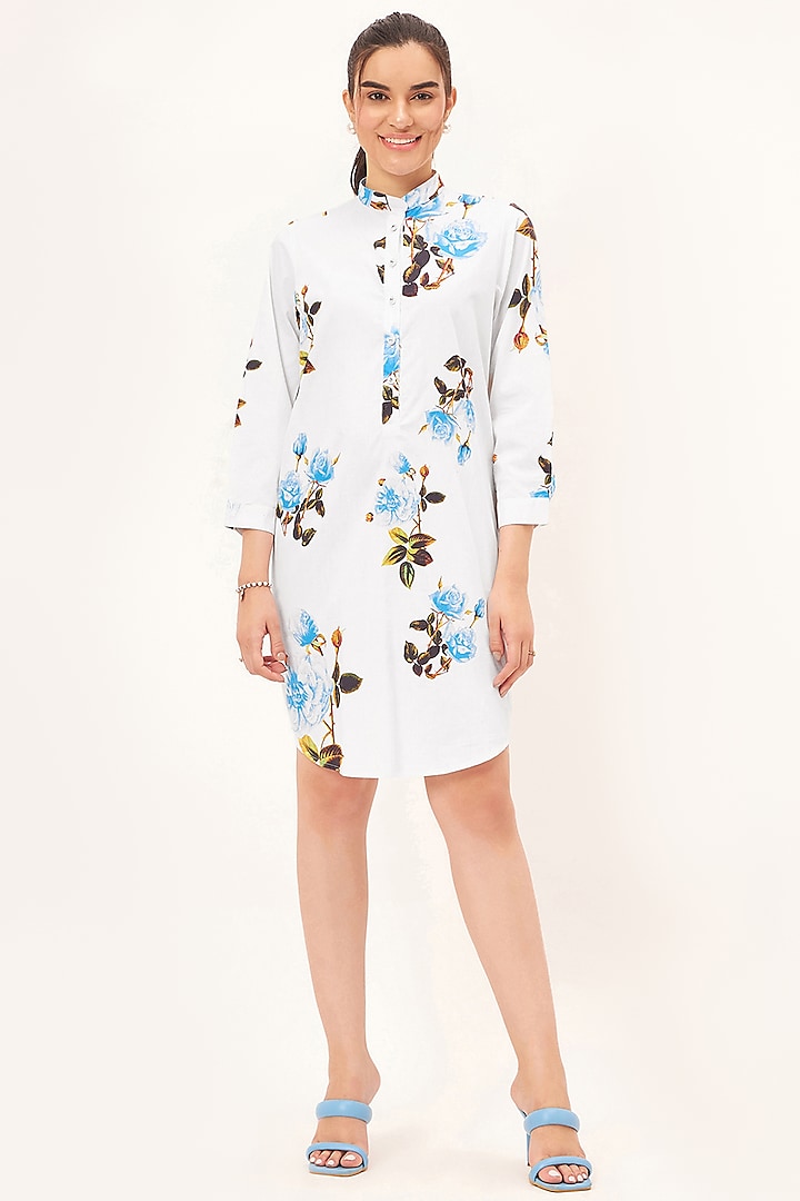 White Cotton Poplin Floral Printed Shirt Dress by First Resort by Ramola Bachchan at Pernia's Pop Up Shop