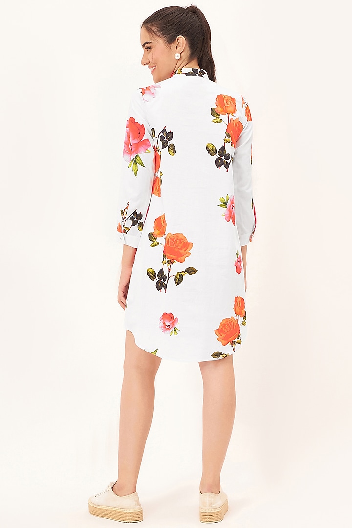 White Cotton Poplin Floral Printed Summer Shirt Dress by First Resort by Ramola Bachchan at Pernia's Pop Up Shop